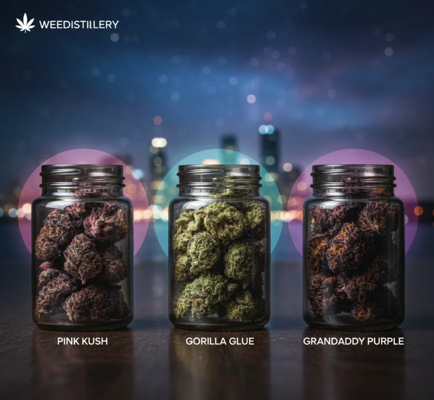 Ultimate Oakville indica strains 2026 Pink Kush Gorilla Glue Granddaddy Purple.