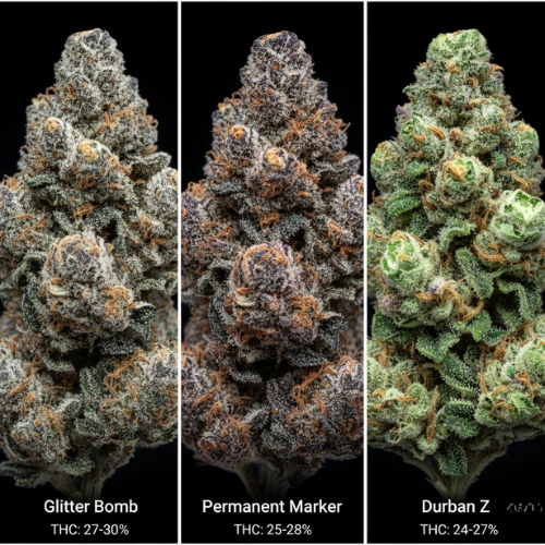 Close-up Oakville hybrid strains Glitter Bomb Permanent Marker Durban Z 2026.