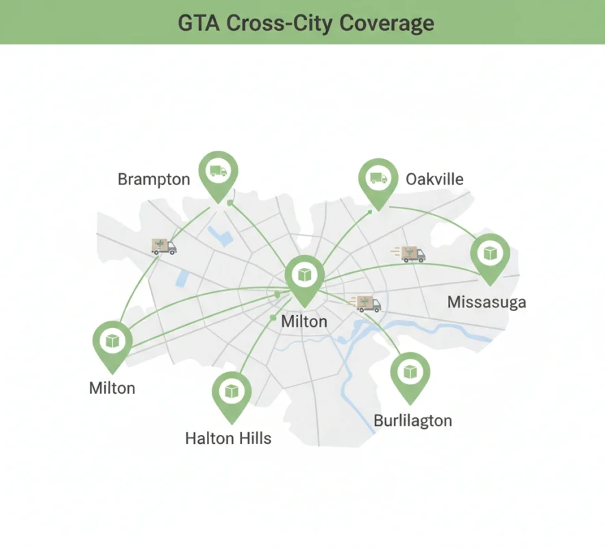 Map-style illustration showing same day weed delivery coverage across Brampton, Oakville, and the GTA.