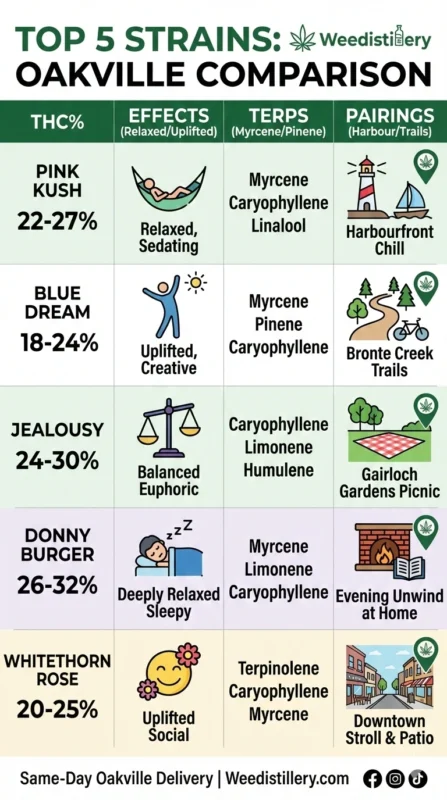 Infographic top 5 best weed strains Oakville 2026 THC effects terpenes.