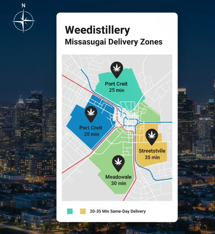 Weedistillery same-day delivery map for Mississauga THC gummies neighborhoods.