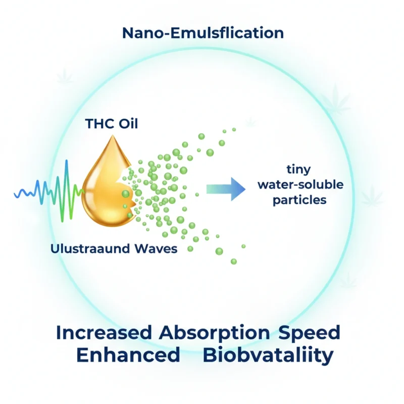Illustration of nano-emulsion technology for fast-acting THC gummies in Mississauga.