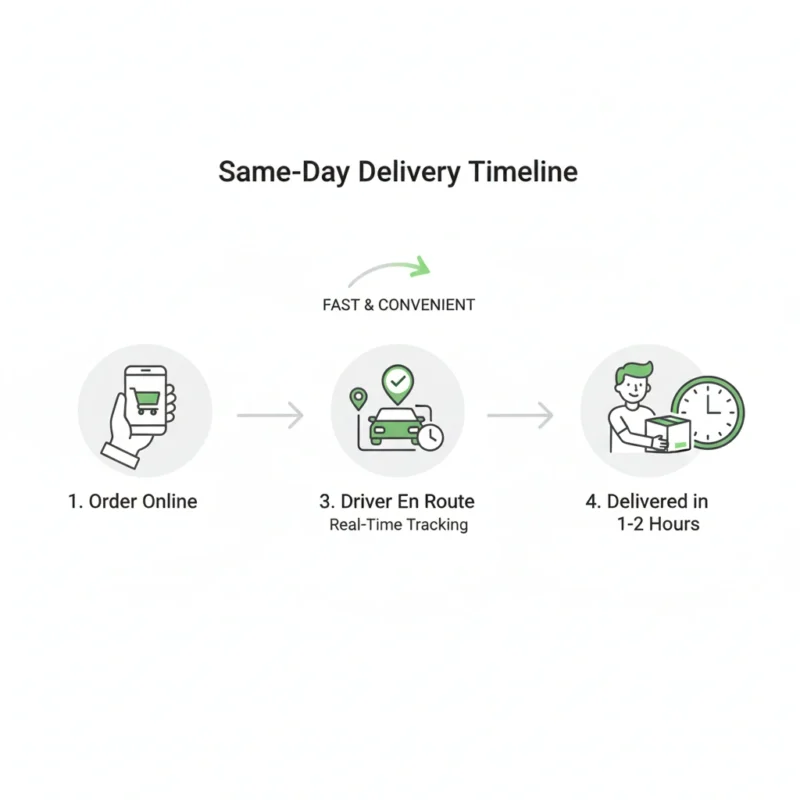 Simple timeline graphic showing each step of same day cannabis delivery from online order to 1–2 hour doorstep drop-off.