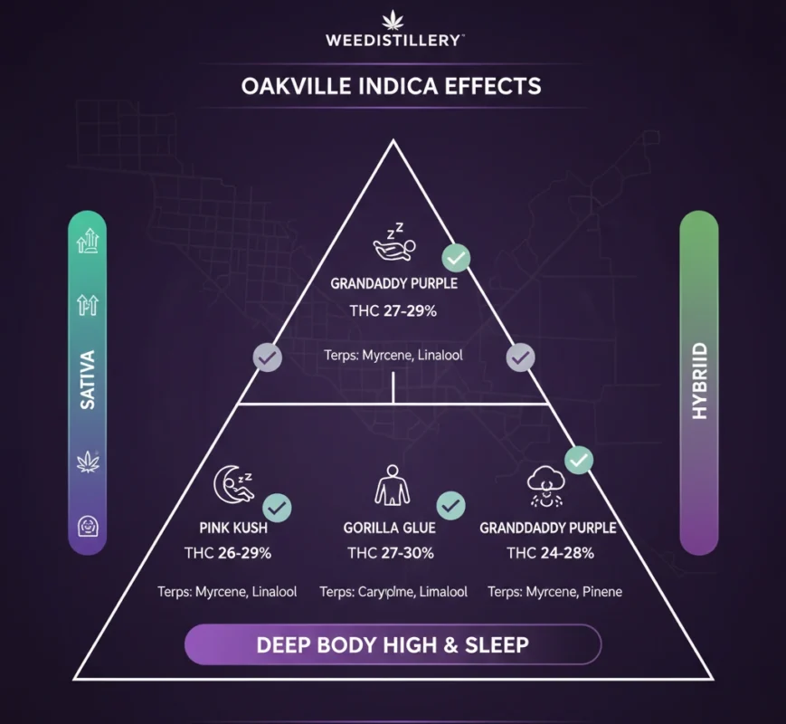 Oakville indica strains effects comparison Pink Kush Gorilla Glue infographic.