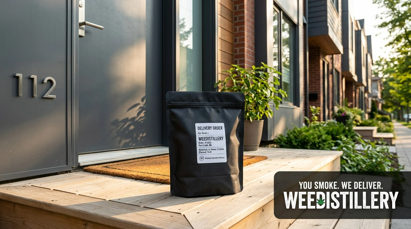 Discreet cannabis delivery bag on doorstep in Port Credit Mississauga – Weedistillery