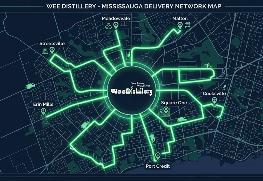 Same-day cannabis delivery Mississauga neighbourhoods map — all areas covered by Weedistillery
